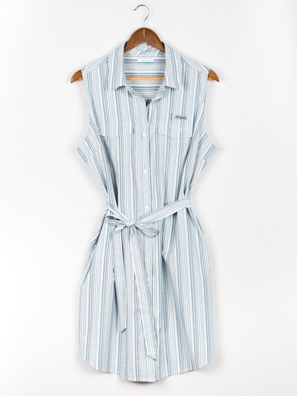 Columbia PFG Sun Drifter Woven Dress II Blue White Striped Shirt Dress Sz Large